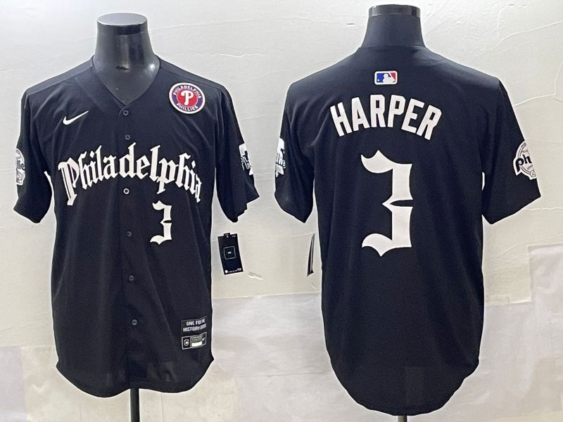 Men 2025 Philadelphia Phillies #3 Harper Black Five generations Joint Name Nike MLB Jersey style 5